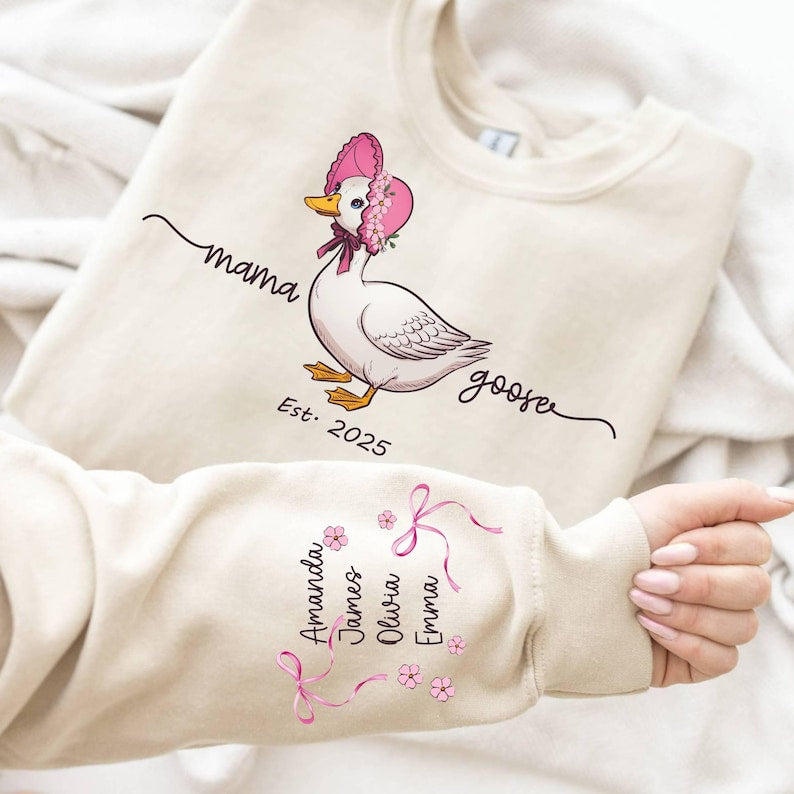 Custom Mama Goose Est 2025 Sweatshirt,Mama With Kid Name on Sleeve Sweater Mother's Day Sweater Cute Mama Goose Coquette Sweat Gift for Moms