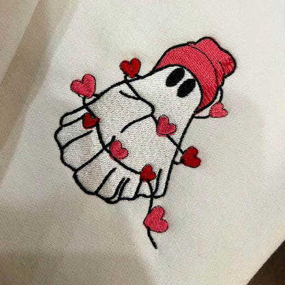 Embroidered Ghost Valentines Sweatshirt Day Couples Gift, Cute Valentines Day Matching Ghost Heart Crewneck