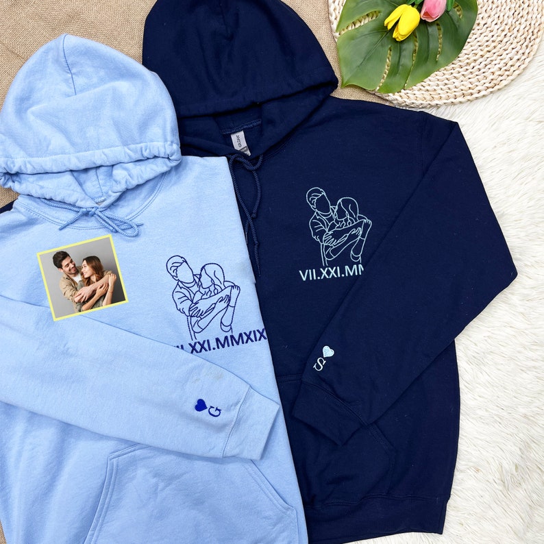 Personalized Outline Embroidered Portrait from Photo-Matching Couple Hoodie