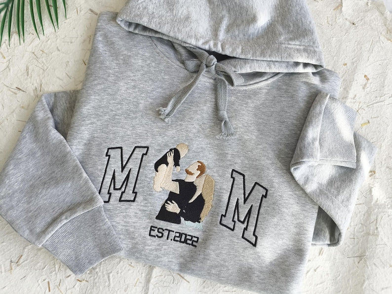 Mama Sweatshirt with Photo, Custom Embroidered Hoodie Mama and Kids Portrait, Varsity Shirt