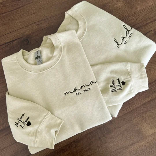 Custom Mama Dad Embroidered Sweatshirt With Names On Sleeve