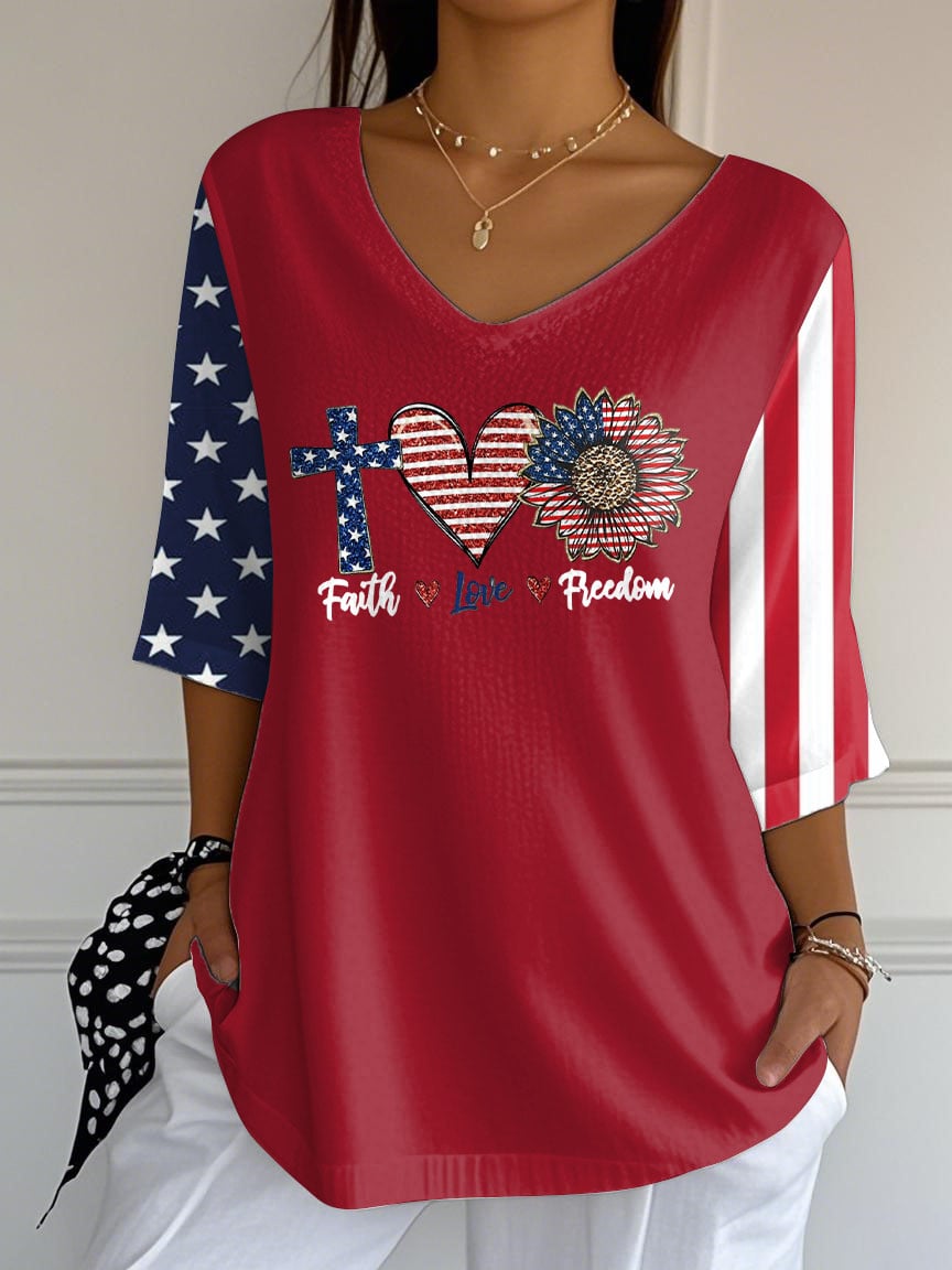 Women's Independence Day Faith Love Freedom Printed T-Shirt