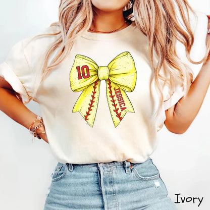 Custom Sport Bow Shirt, Baseball Softball Mom Shirt With Kids Name & Jersey Number