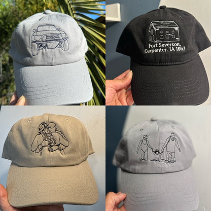 Line Art Portrait Embroidered with Roman Numerals Date on Dad Hat