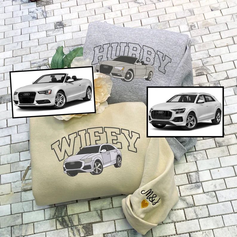 Custom Car Picture Embroidered Sweatshirt, Car Couple Shirt From Wifey Hubby, Father’s Day Gift