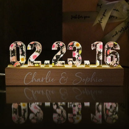 Couple Engagement Anniversary Date Flowers Personalized Custom LED Night Light, Gift for her, Gift for him