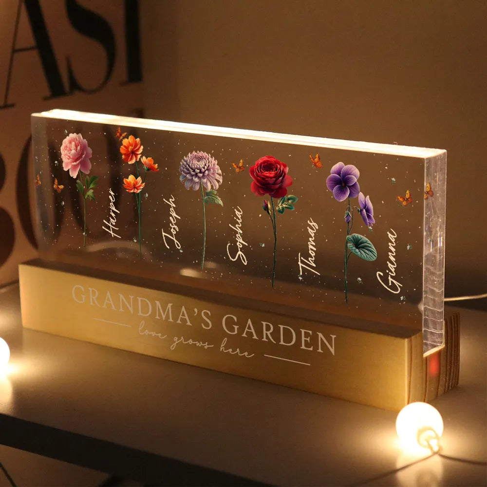 Grandma's Garden 3D Effect Birth Month Flowers Personalized Acrylic Block LED Night Light, Mother's Day Gift For Grandma, Mom