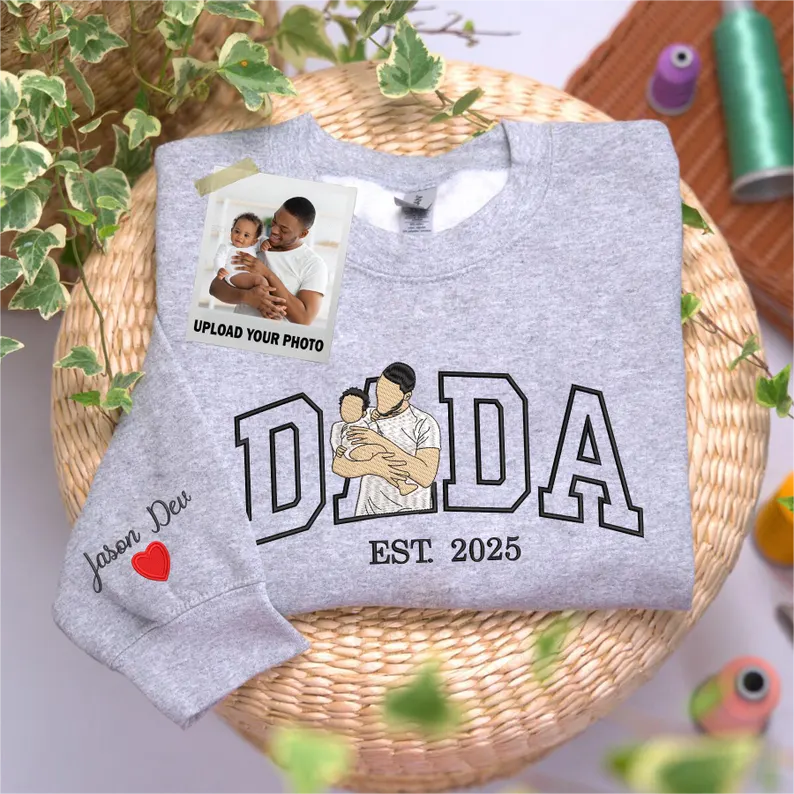 Custom Dada Portrait Embroidered Sweatshirt with Kids' Names on Sleeve – Father's Day Gift