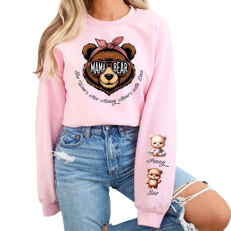 Mama Bear She Wears Her Honey Bears with Love Sweatshirt, Custom Kids Name On Sleeve Mothers Day Gift