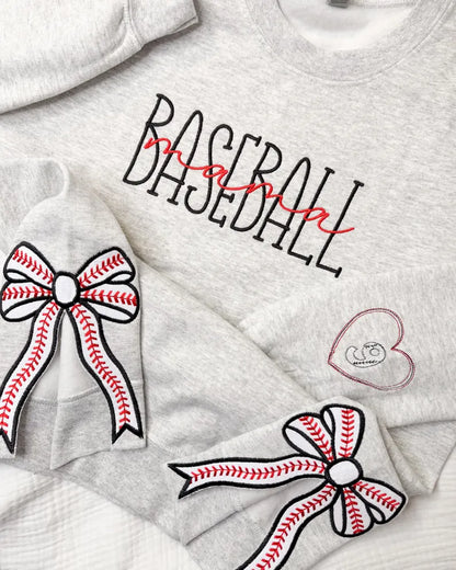 Baseball Mama Crewneck Sweatshirt with Trendy Side Bow Glitter Applique & Embroidered Sleeve, Baseball, Baseball mom, Baseball Momma, Boymom