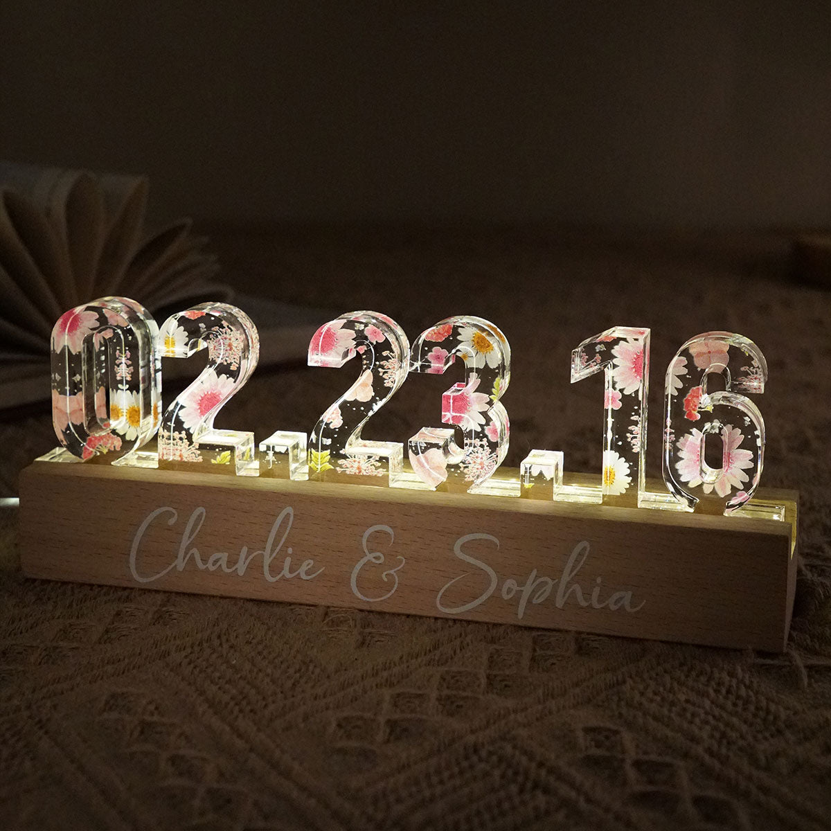 Couple Engagement Anniversary Date Flowers Personalized Custom LED Night Light, Gift for her, Gift for him