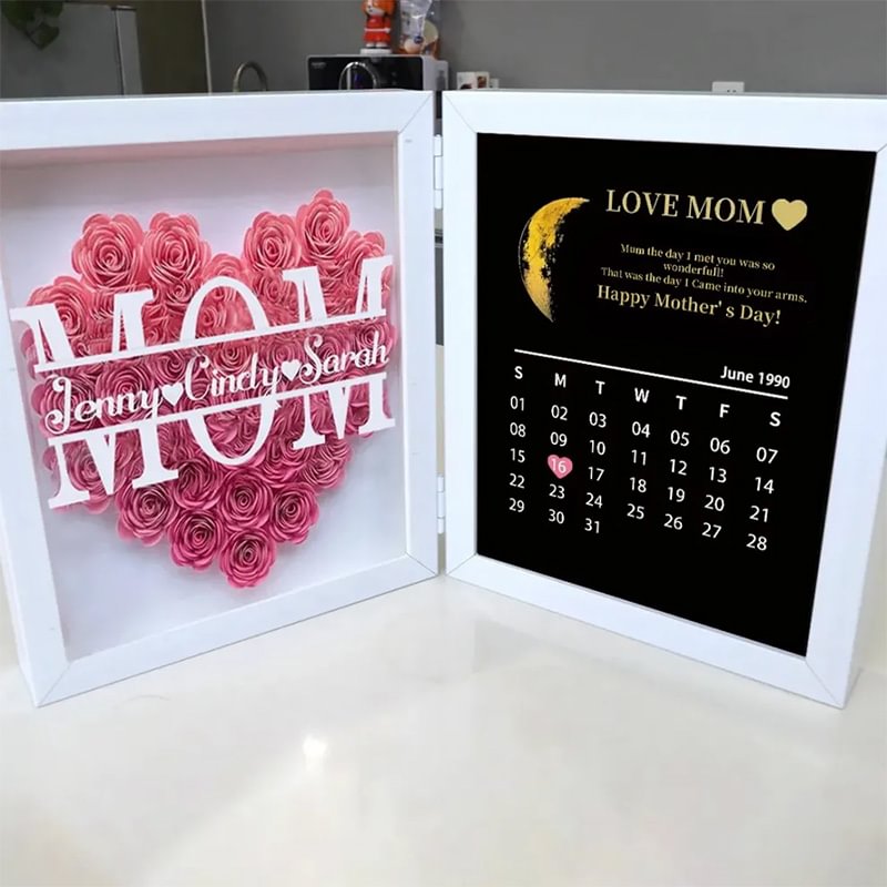 (Mom&Grandmum With Name) With REAL MOON PHASE Anniversary Calendar Custom Flower Frame