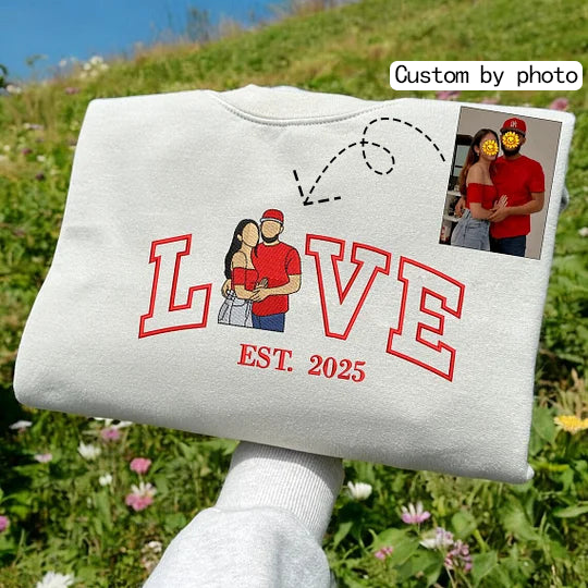 Loversdovey Personalized Embroidered Photo Couple LOVE Est Year Crewneck/Hoodie/T-shirt