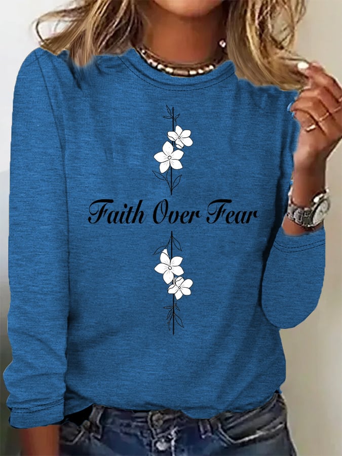 Women's Casual Faith Overcomes Fear Cross Colored Cotton Long-Sleeved T-Shirt