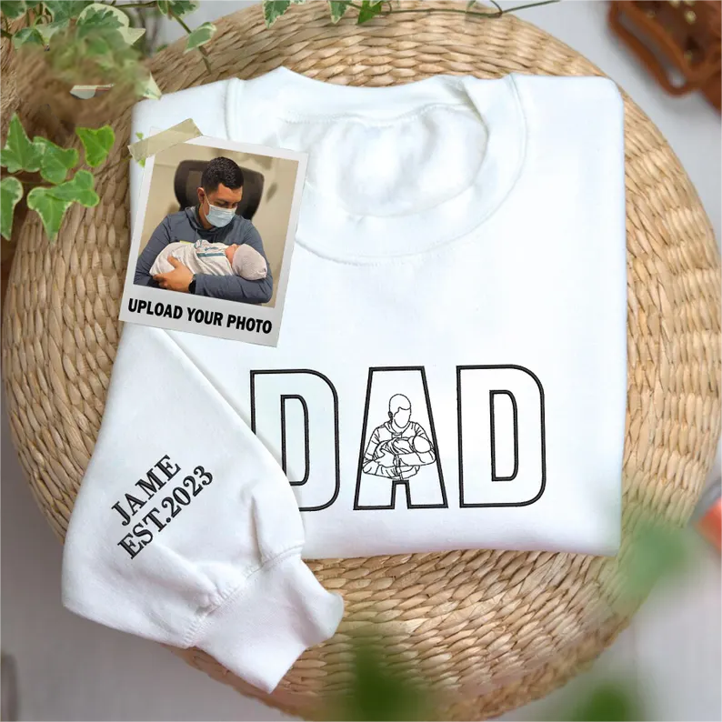 Custom Dada Portrait Embroidered Sweatshirt with Kids' Names on Sleeve – Father's Day Gift