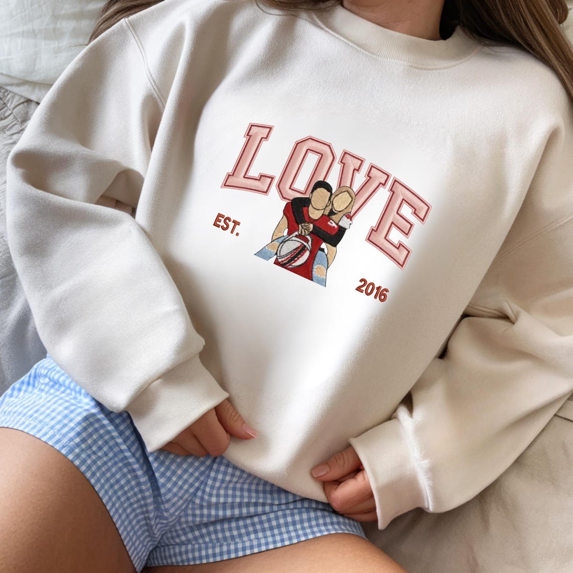 Loversdovey Personalized Embroidered Photo Couple LOVE Est Year Valentines Matching Couple Gift
