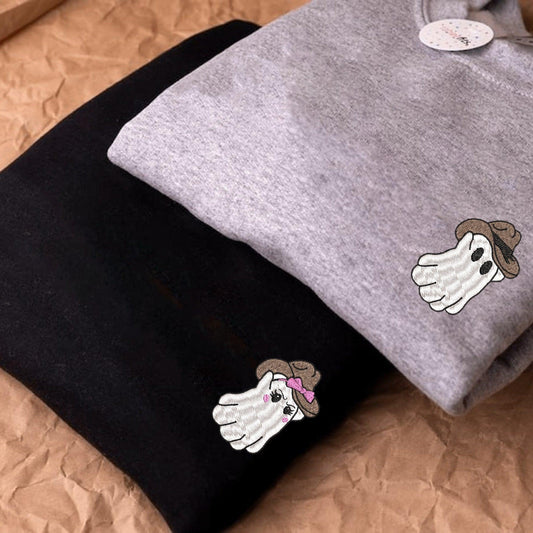 Custom Embroidered Halloween Cowboy Ghost Spooky Season Hoodies For Couples