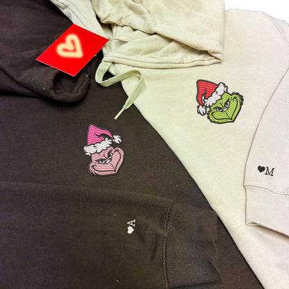Custom Embroidered Hoodies For Couples, Christmas Green Couple Embroidered Hoodie