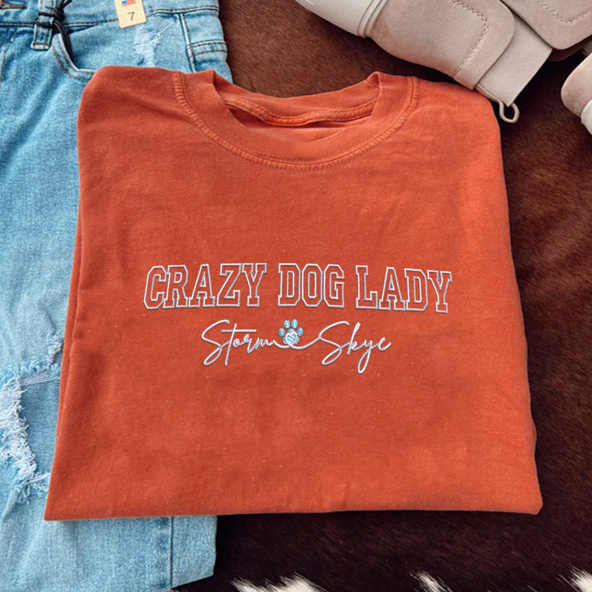 Custom Crazy Dog Lady With Names Embroidered T-Shirt | Gift For Pet Lovers