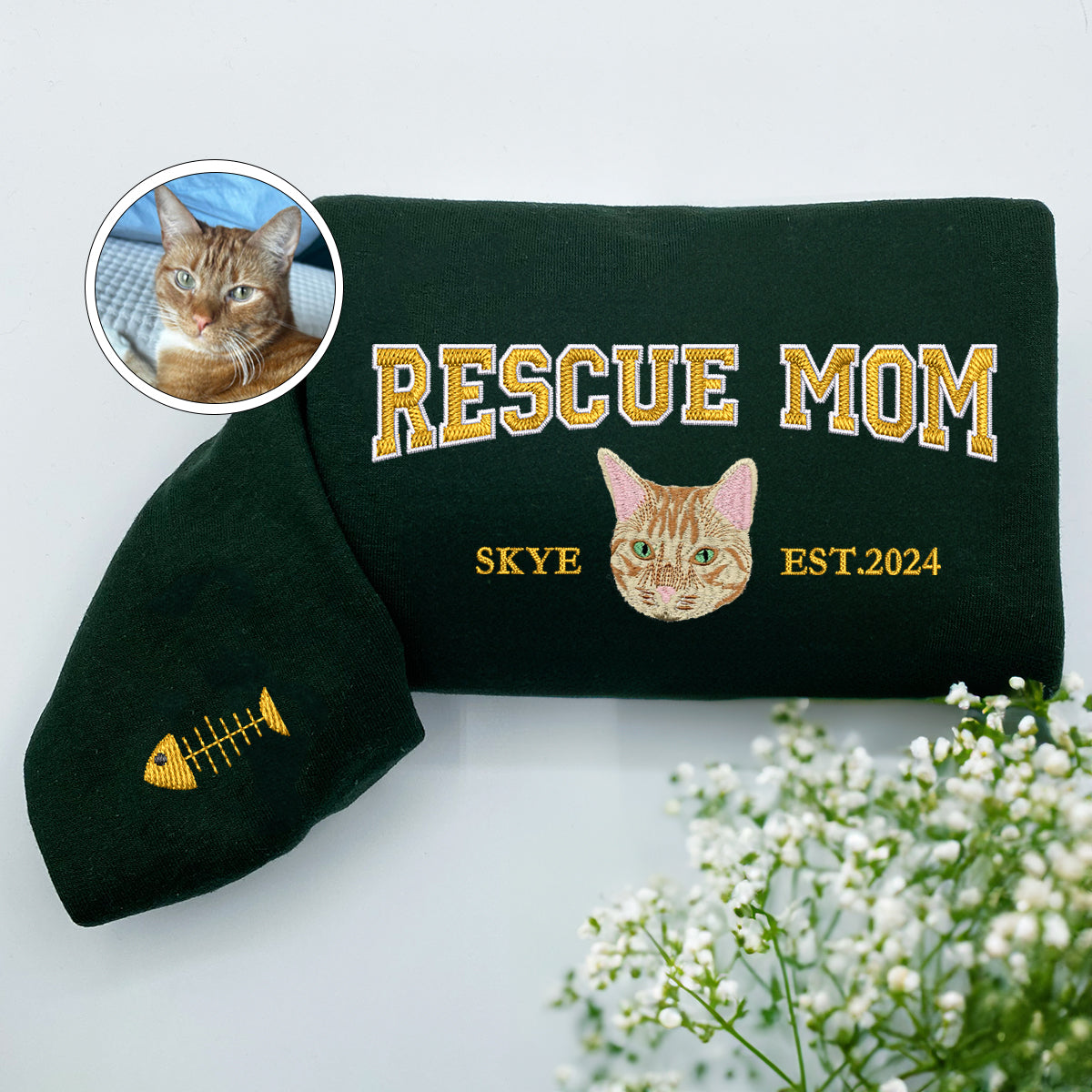 Custom Full-Color Varsity Rescue Mom Embroidered Hoodie | Gift For Pet Lovers
