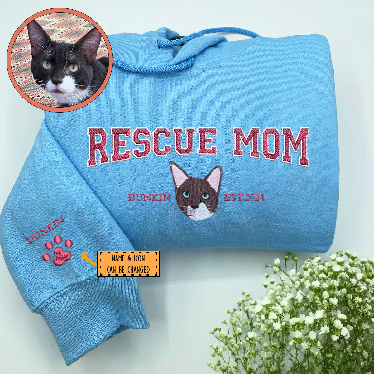 Custom Full-Color Varsity Rescue Mom Embroidered Hoodie | Gift For Pet Lovers