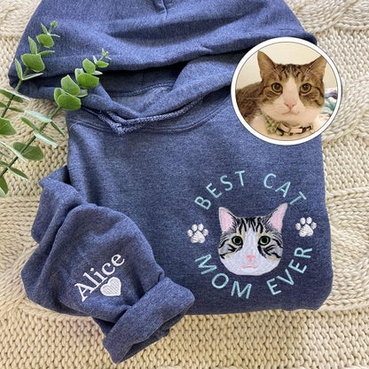 Custom Full-Color Best Cat Mom Ever Embroidered Hoodie | Gift For Pet Lovers