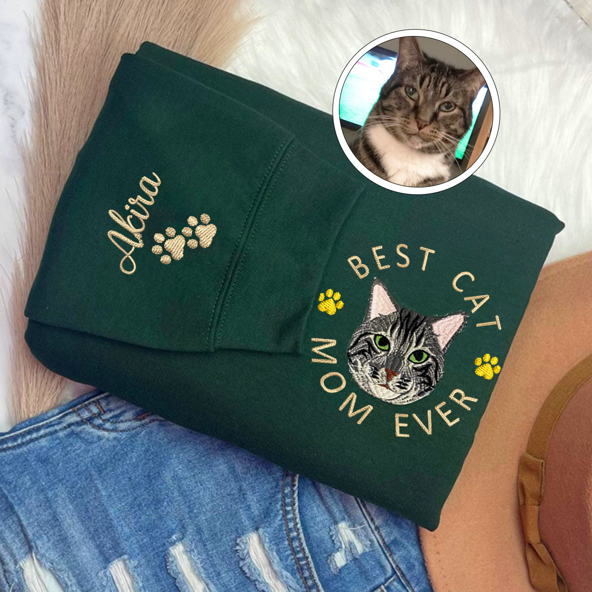 Custom Full-Color Best Cat Mom Ever Embroidered Sweatshirt | Gift For Pet Lovers