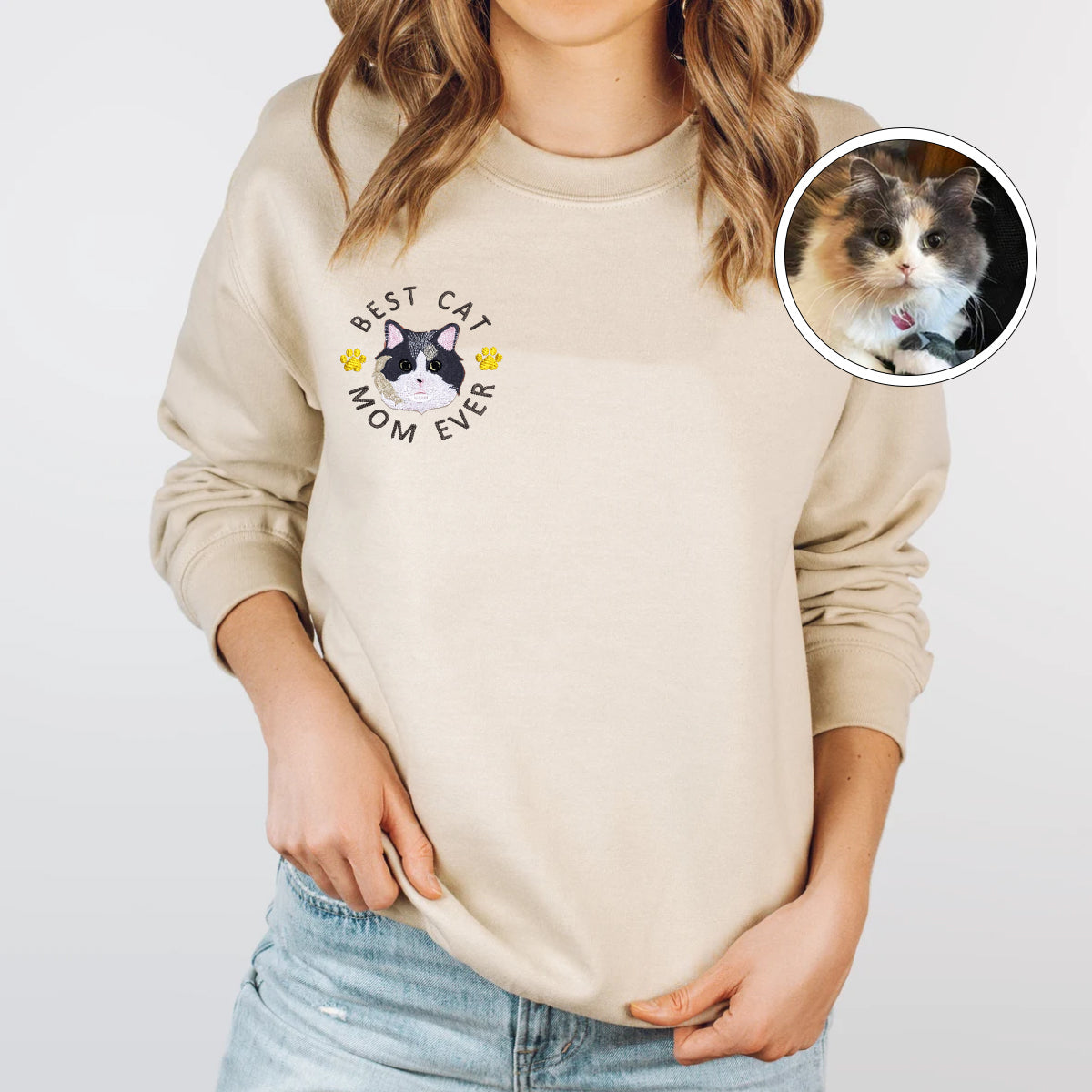 Custom Full-Color Best Cat Mom Ever Embroidered Sweatshirt | Gift For Pet Lovers