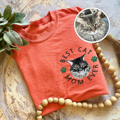Custom Full-Color Best Cat Mom Ever Embroidered T-Shirt | Gift For Pet Lovers