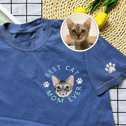 Custom Full-Color Best Cat Mom Ever Embroidered T-Shirt | Gift For Pet Lovers