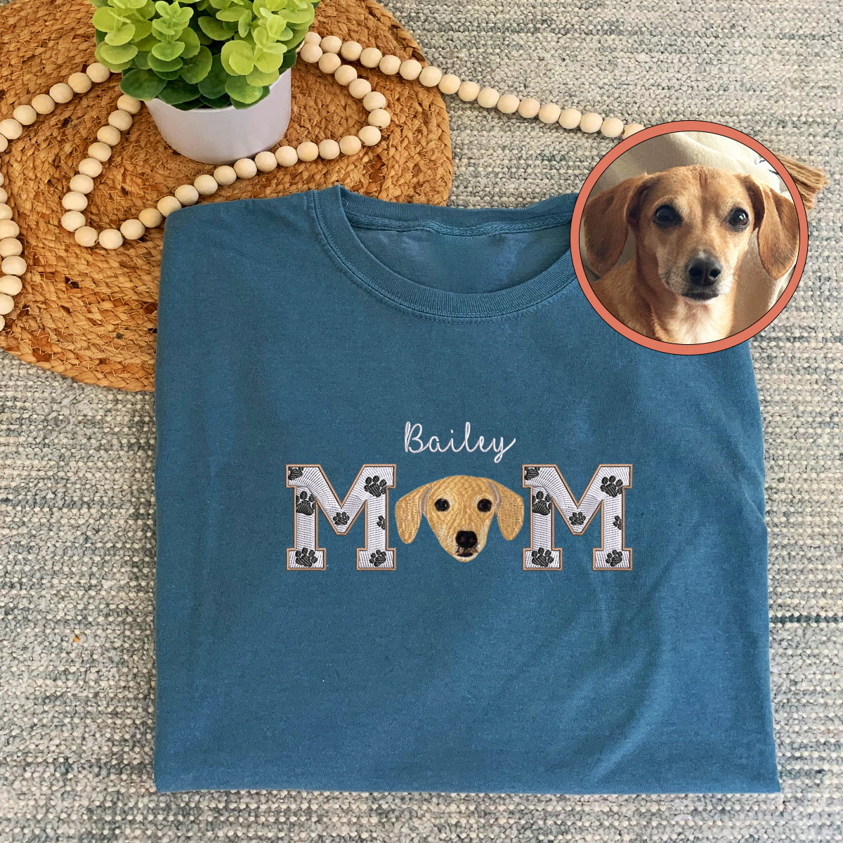 Custom Full-Color Dog Mom With Name Embroidered T-Shirt | Gift For Pet Lovers