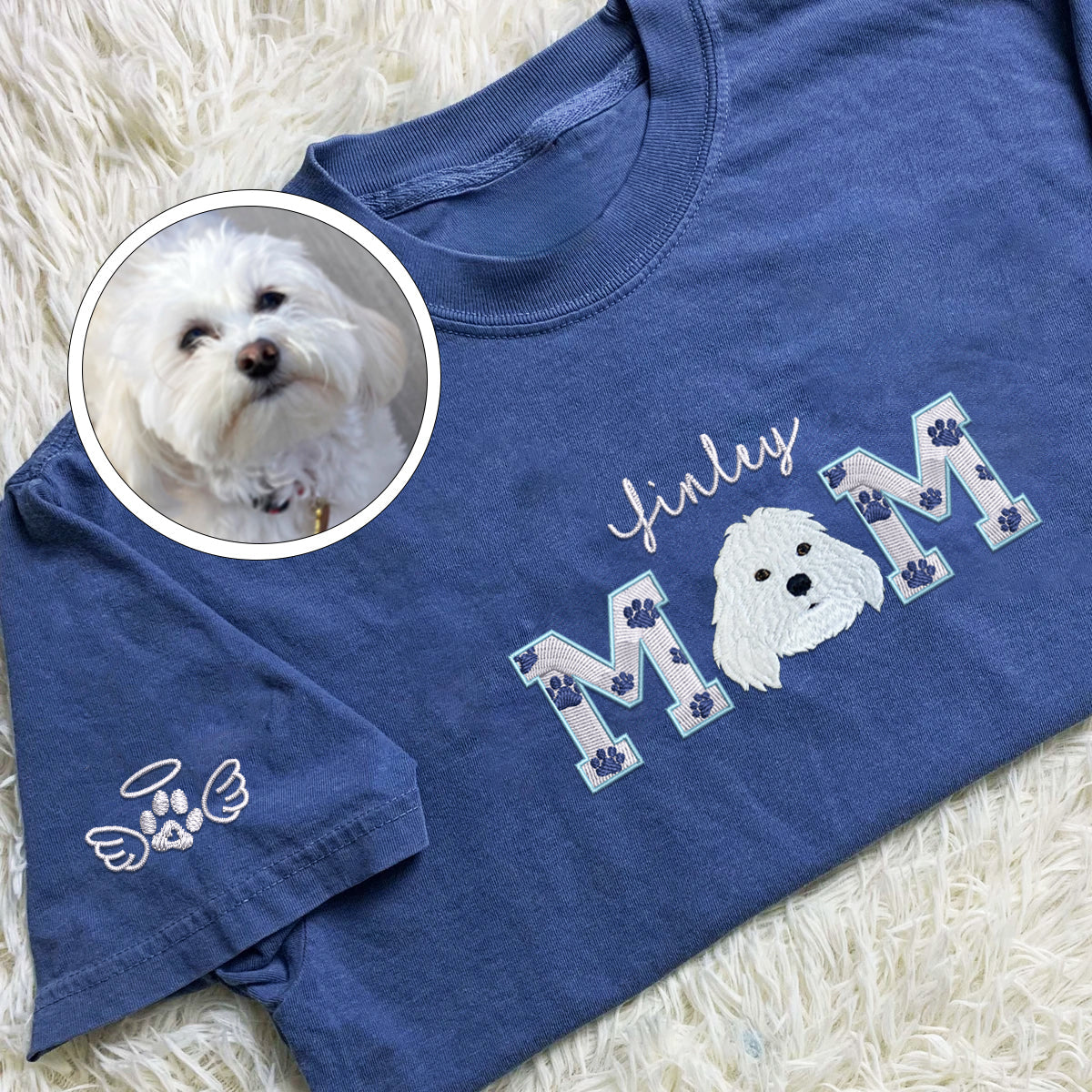 Custom Full-Color Dog Mom With Name Embroidered T-Shirt | Gift For Pet Lovers