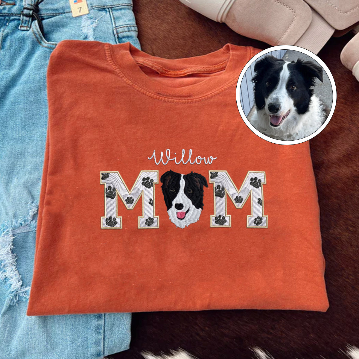 Custom Full-Color Dog Mom With Name Embroidered T-Shirt | Gift For Pet Lovers