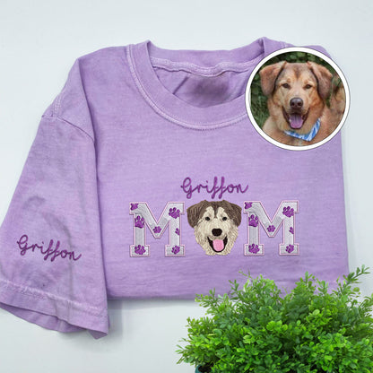 Custom Full-Color Dog Mom With Name Embroidered T-Shirt | Gift For Pet Lovers