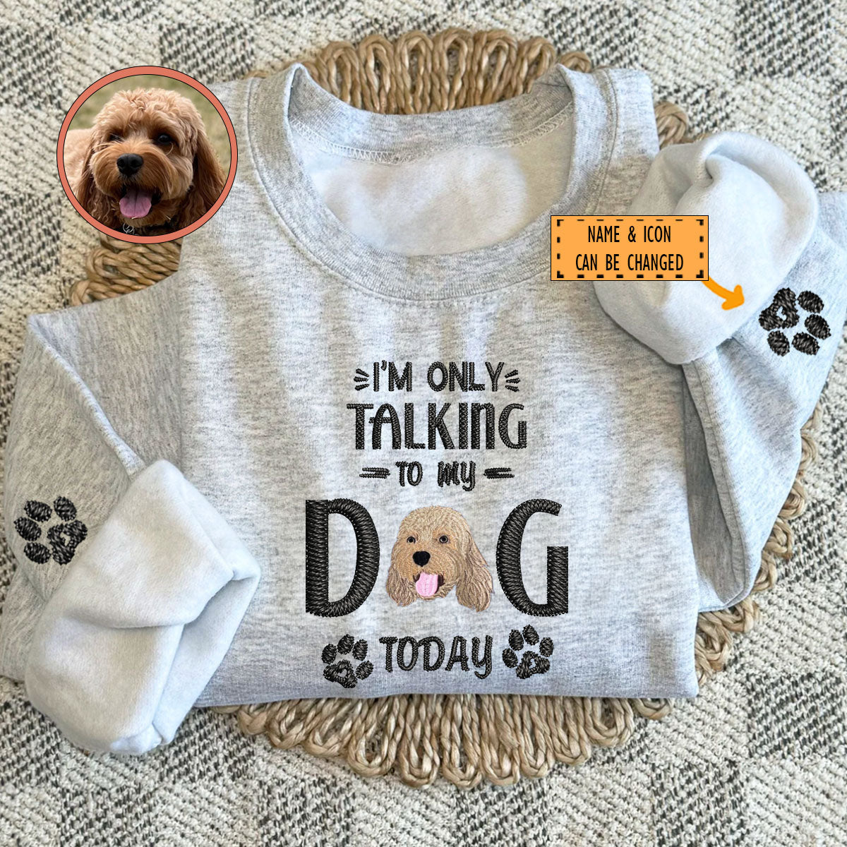 Custom Full-Color I'm Only Talking To My Dog Today Embroidered Sweatshirt | Gift For Pet Lovers