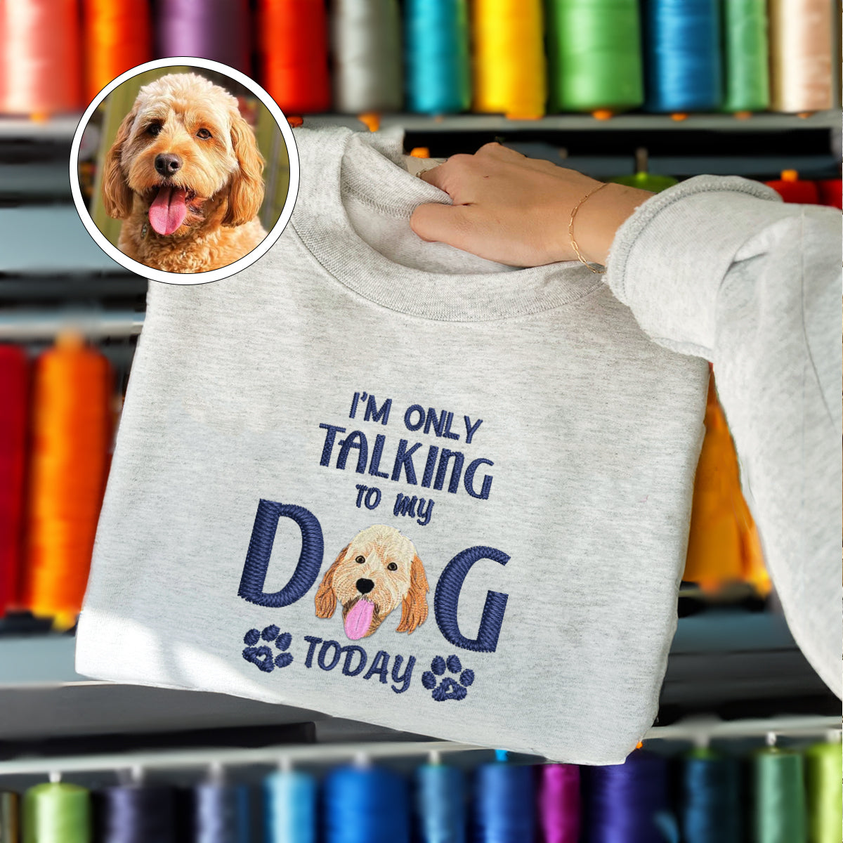 Custom Full-Color I'm Only Talking To My Dog Today Embroidered Sweatshirt | Gift For Pet Lovers