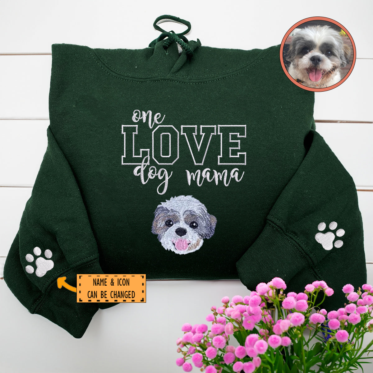 Custom Full-Color One Love Dog Mama Embroidered Hoodie | Gift For Pet Lovers