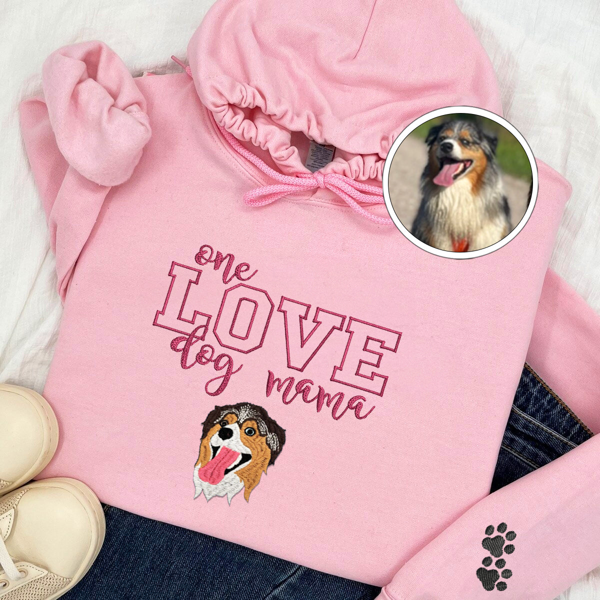 Custom Full-Color One Love Dog Mama Embroidered Hoodie | Gift For Pet Lovers