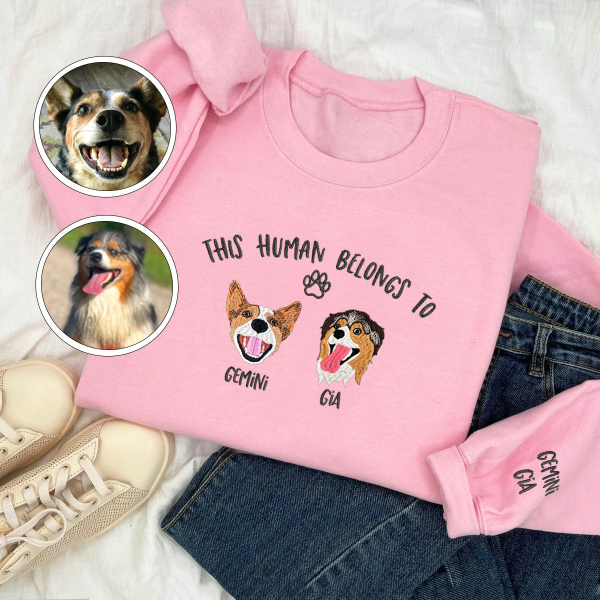 Custom Full-Color This Human Belongs To Embroidered Sweatshirt | Gift For Pet Lovers