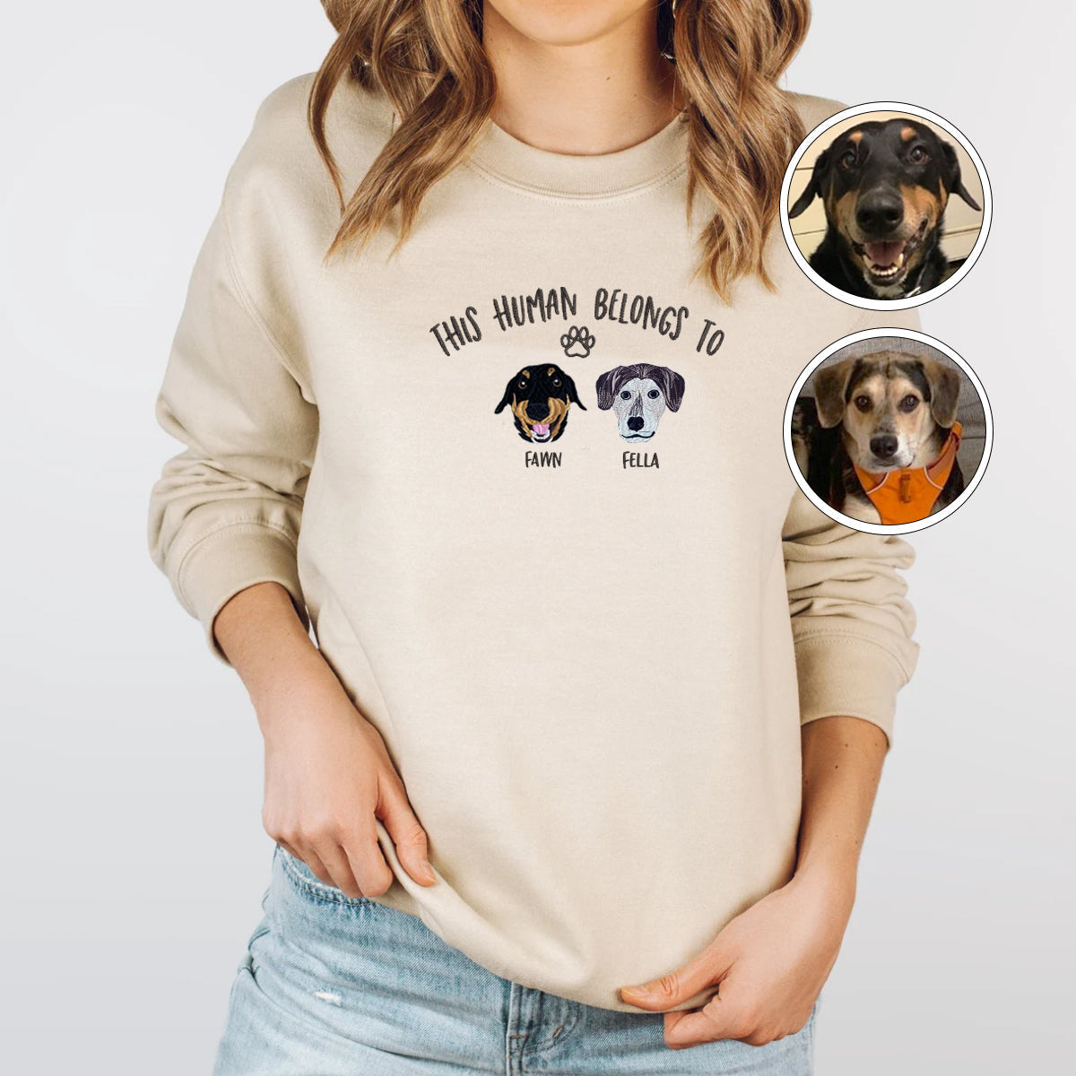 Custom Full-Color This Human Belongs To Embroidered Sweatshirt | Gift For Pet Lovers