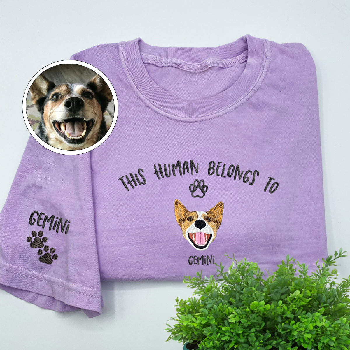 Custom Full-Color This Human Belongs To Embroidered T-Shirt | Gift For Pet Lovers