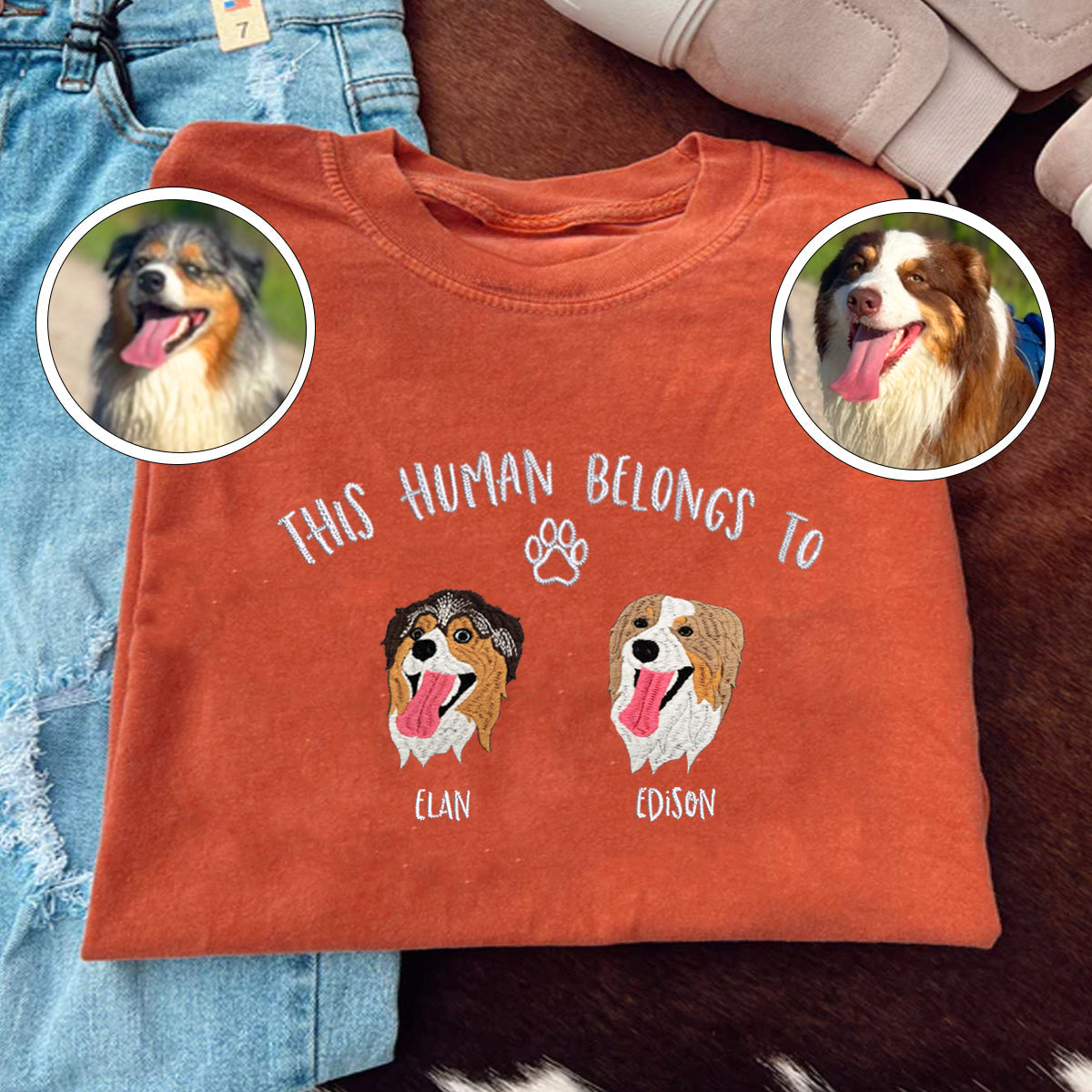 Custom Full-Color This Human Belongs To Embroidered T-Shirt | Gift For Pet Lovers
