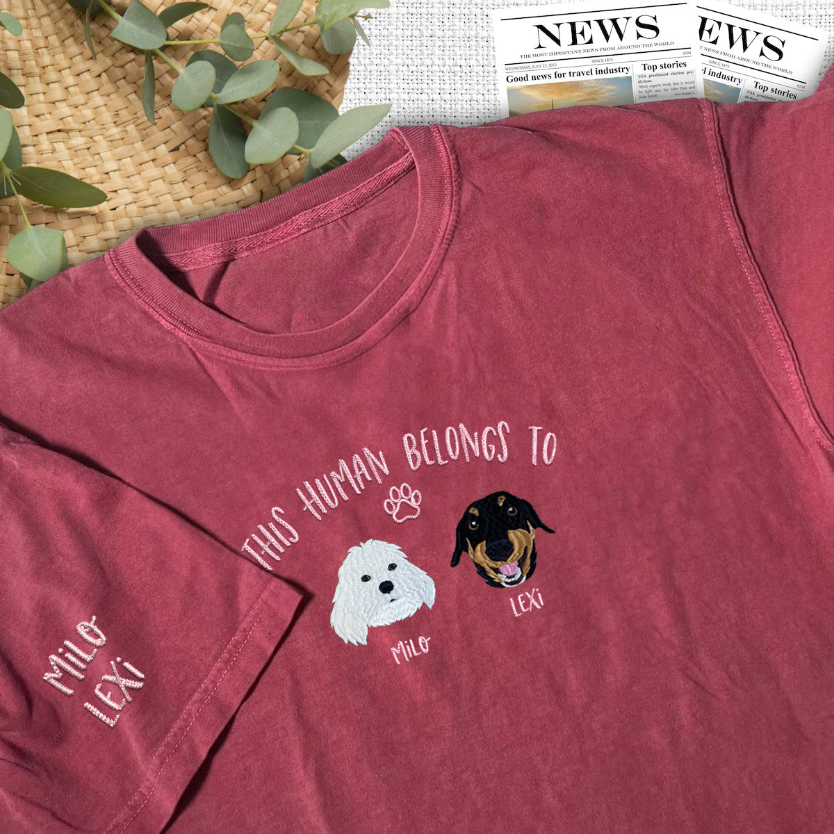 Custom Full-Color This Human Belongs To Embroidered T-Shirt | Gift For Pet Lovers