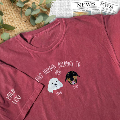 Custom Full-Color This Human Belongs To Embroidered T-Shirt | Gift For Pet Lovers