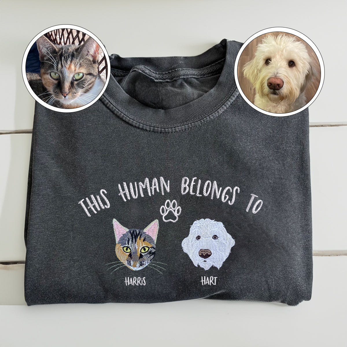 Custom Full-Color This Human Belongs To Embroidered T-Shirt | Gift For Pet Lovers