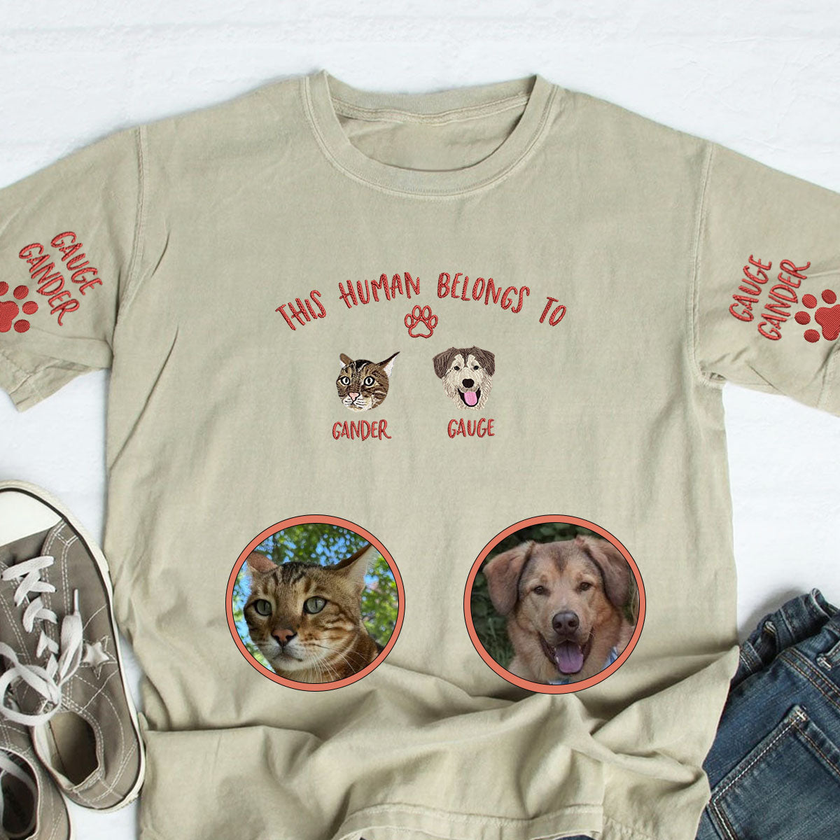 Custom Full-Color This Human Belongs To Embroidered T-Shirt | Gift For Pet Lovers