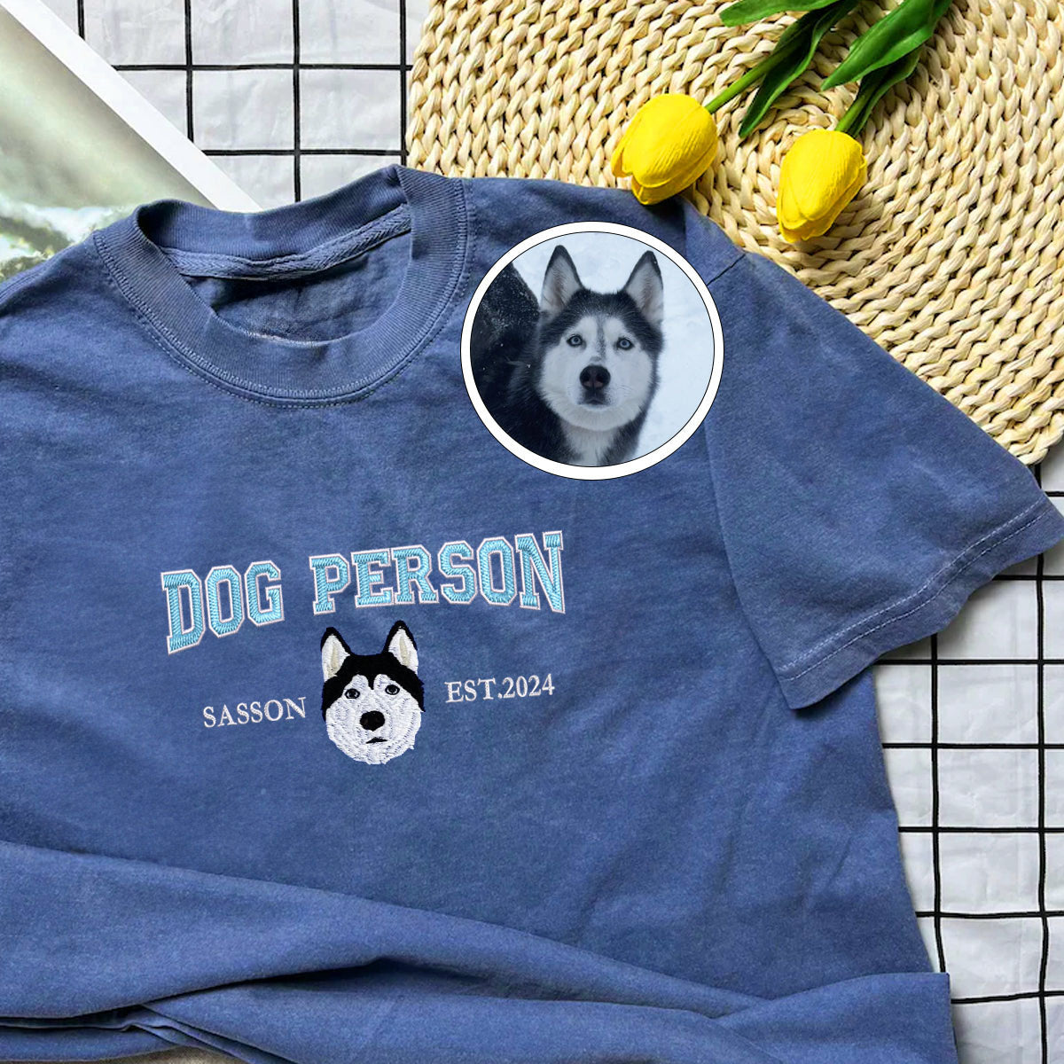 Custom Full-Color Varsity Dog Person Embroidered T-Shirt | Gift For Pet Lovers
