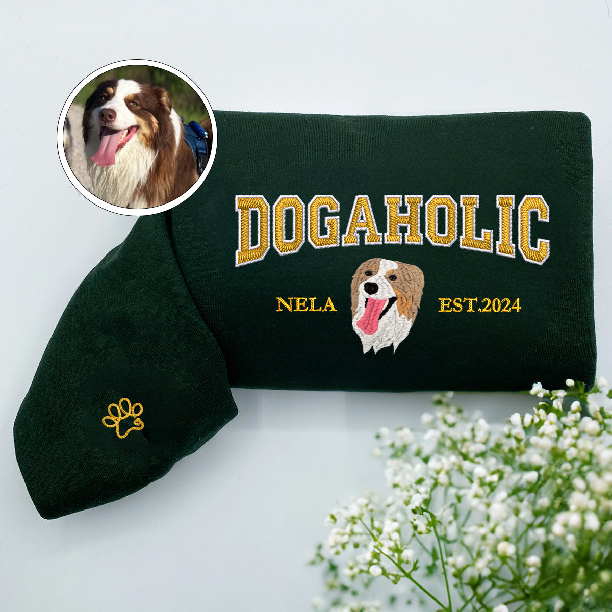 Custom Full-Color Varsity Dogaholic Embroidered Hoodie | Gift For Pet Lovers