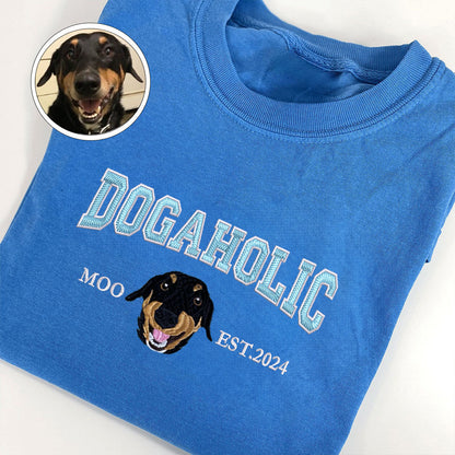 Custom Full-Color Varsity Dogaholic Embroidered T-Shirt | Gift For Pet Lovers