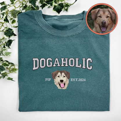 Custom Full-Color Varsity Dogaholic Embroidered T-Shirt | Gift For Pet Lovers